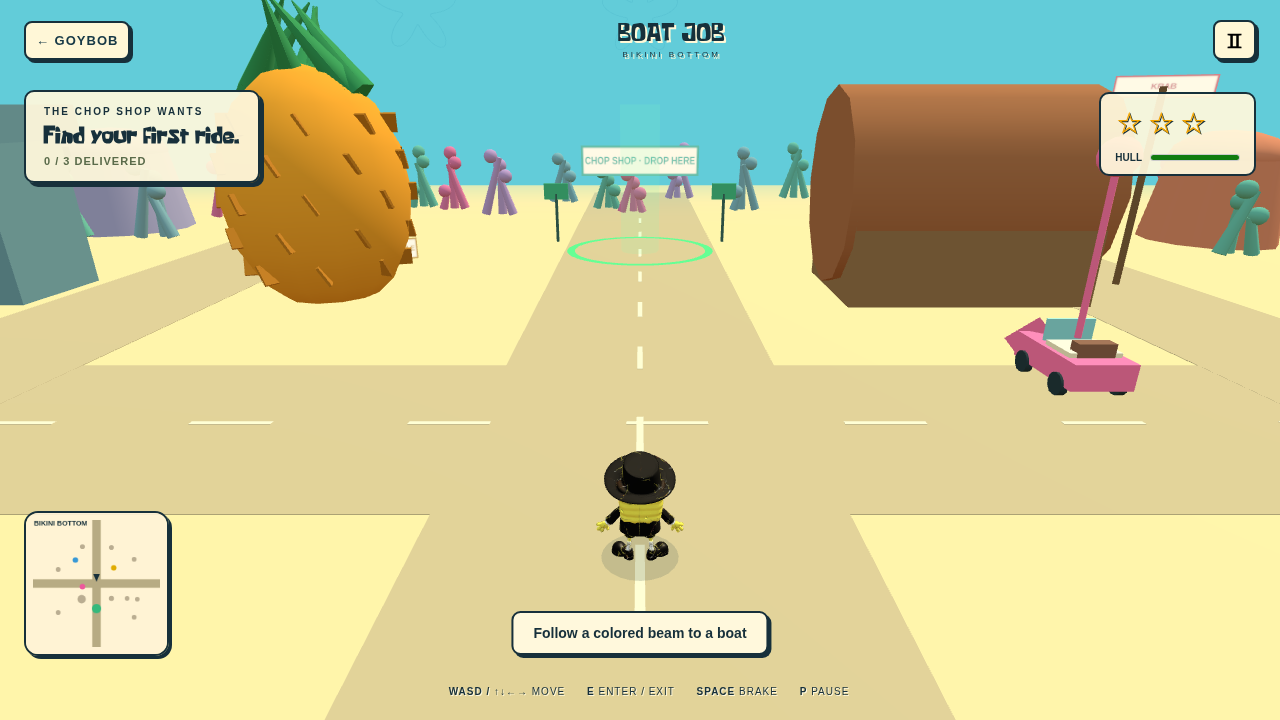 Actual gameplay: Goybob exploring sandy Bikini Bottom streets, with boats to steal and a green delivery ring.